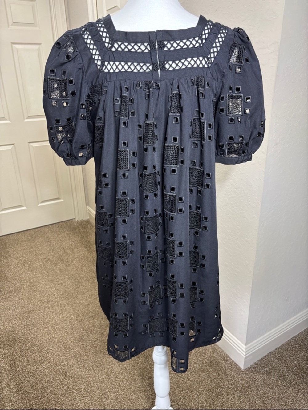 English Factory Black Geometric Eyelet Puff Sleeve Mini Dress Size M EUC - Picture 7 of 10